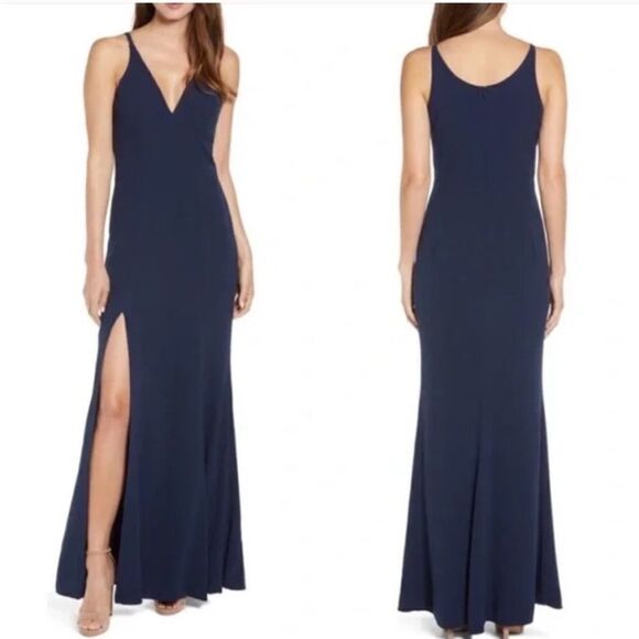 DRESS THE POPULATION Iris V-Neck Side Slit Gown size XL midnight blue
